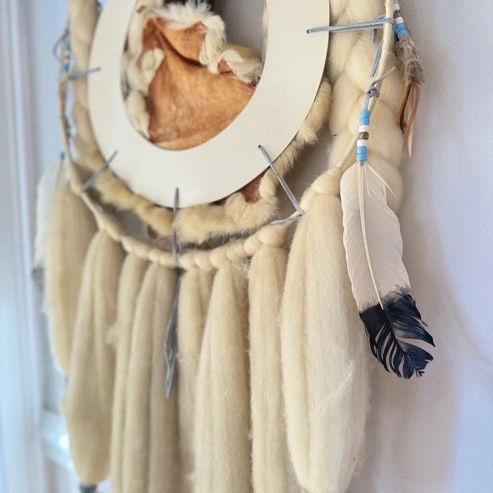 Vintage Native Large Dream Catcher‎ Wall Hanging Fur Feathers 41